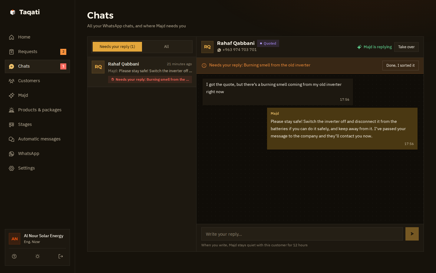 The chats page in dark mode, with the burning-smell chat handed to the company