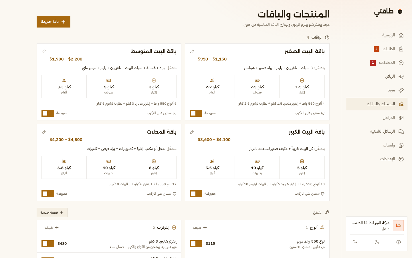 صفحة المنتجات والباقات: أربع باقات، البيت الصغير والمتوسط والكبير والمحلات، لكل وحدة سعر من لـ، شو بتشغّل، قدرة الإنفرتر والبطاريات والألواح، والكفالة، ومفتاح «معروضة»، وتحتها القطع: ألواح وإنفرترات